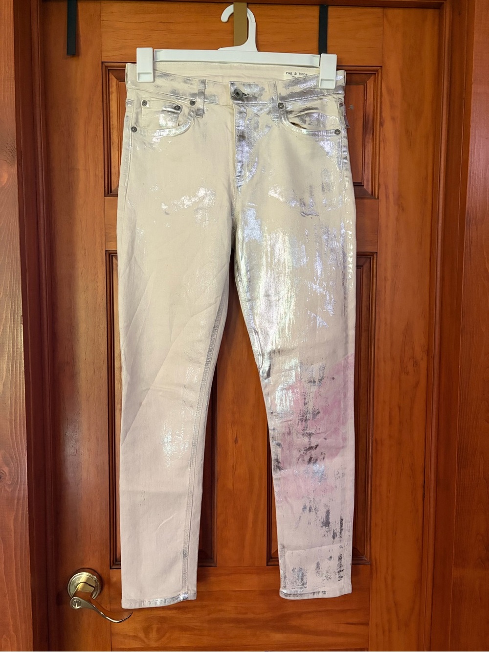 Rag & Bone Cate Metallic Coated Skinny Jeans Ivory Silver Foil Size 29